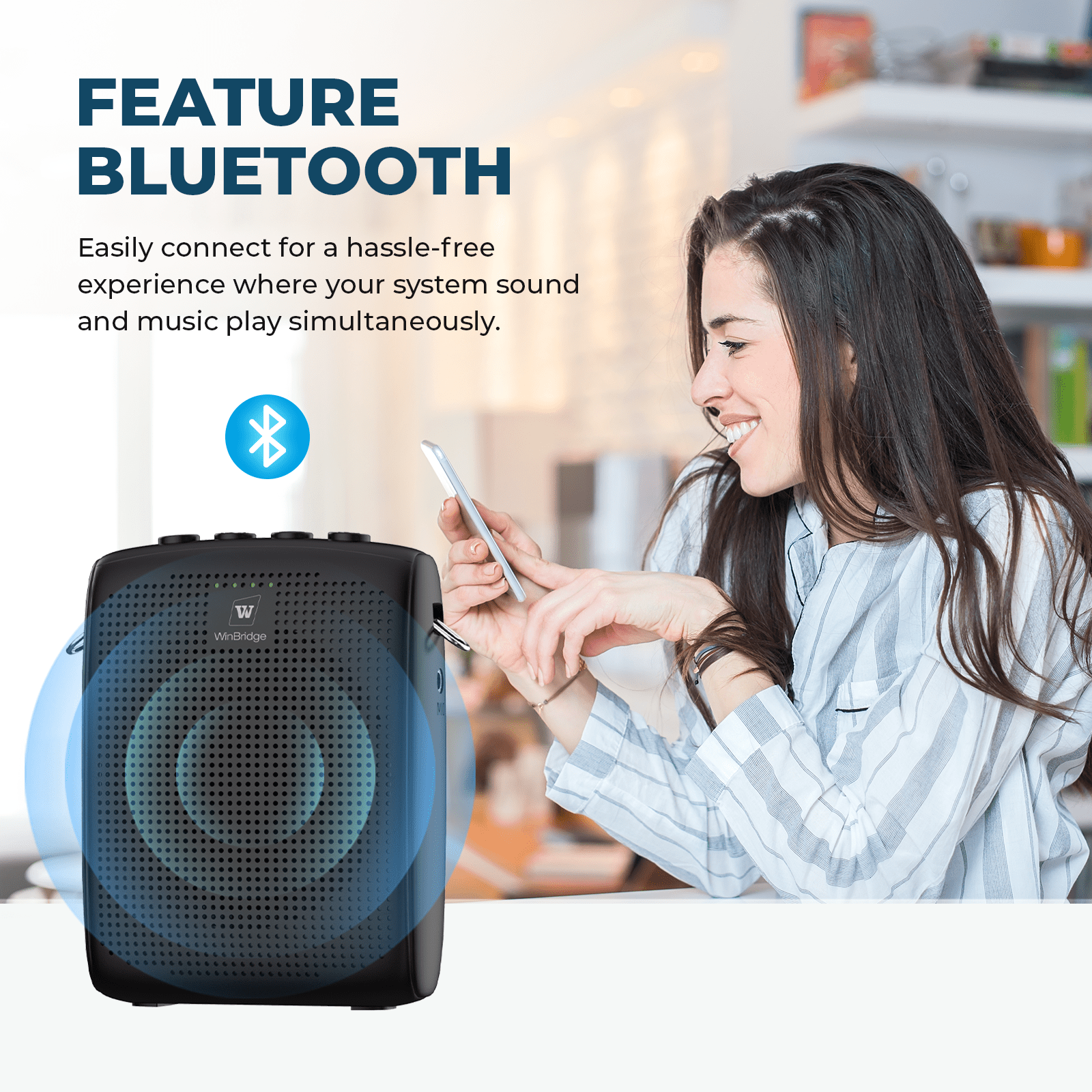 WinBridge WB005 Wireles Voice Amplifier with Bluetooth Lavalier Lapel Microphone for Teachers,15W Portable Speaker and Wireless Clip On Microphone System, Mini Megaphone Speaker Mic Set 2600mAh - WinBridge