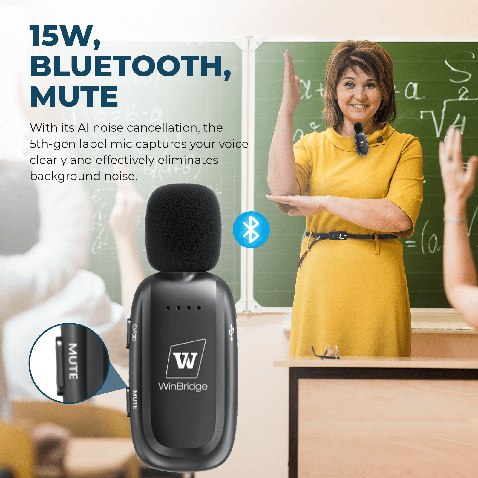 WinBridge WB005 Wireles Voice Amplifier with Bluetooth Lavalier Lapel Microphone for Teachers,15W Portable Speaker and Wireless Clip On Microphone System, Mini Megaphone Speaker Mic Set 2600mAh - WinBridge