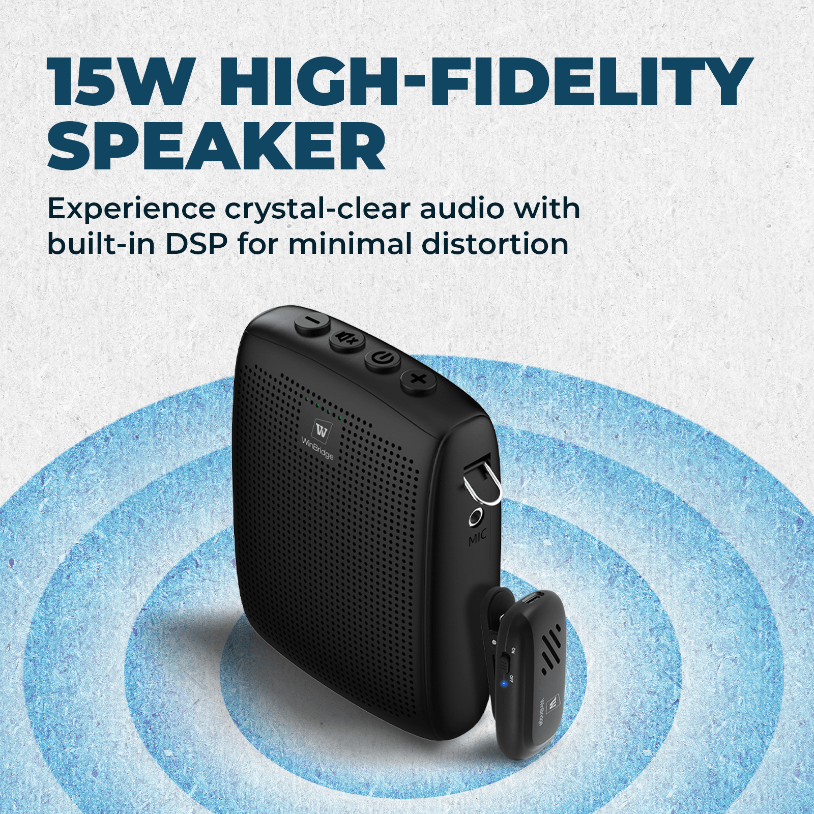 WinBridge WB005 Wireles Voice Amplifier with Bluetooth Lavalier Lapel Microphone for Teachers,15W Portable Speaker and Wireless Clip On Microphone System, Mini Megaphone Speaker Mic Set 2600mAh - WinBridge