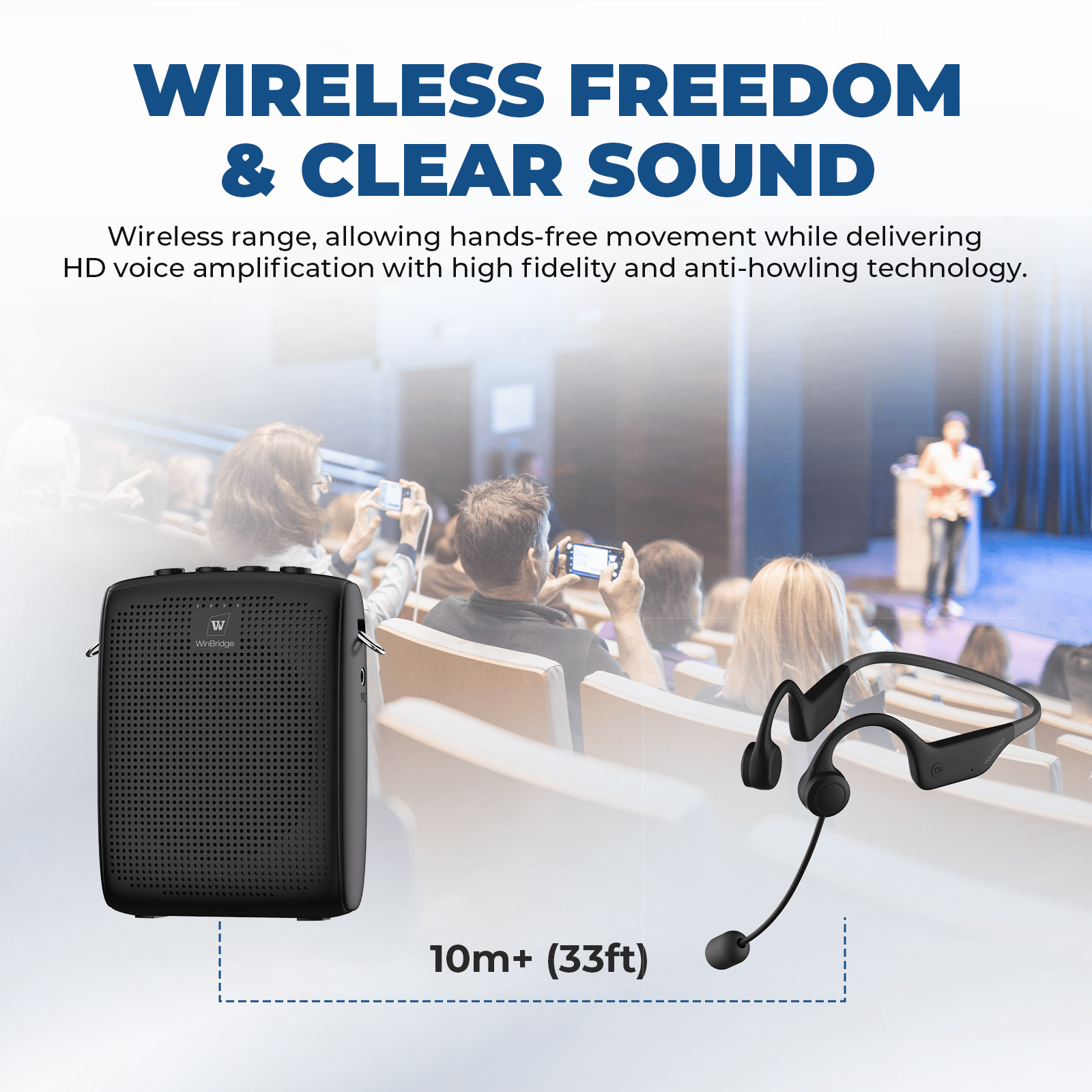WinBridge WB007 Voice Amplifier Wireless Microphone Earhook, Porable Speaker and Mic for Teachers, Mini PA System with Crystal - Clear Original Sound, Fitness Ear - Secured Microphone for Public Speaking - WinBridge