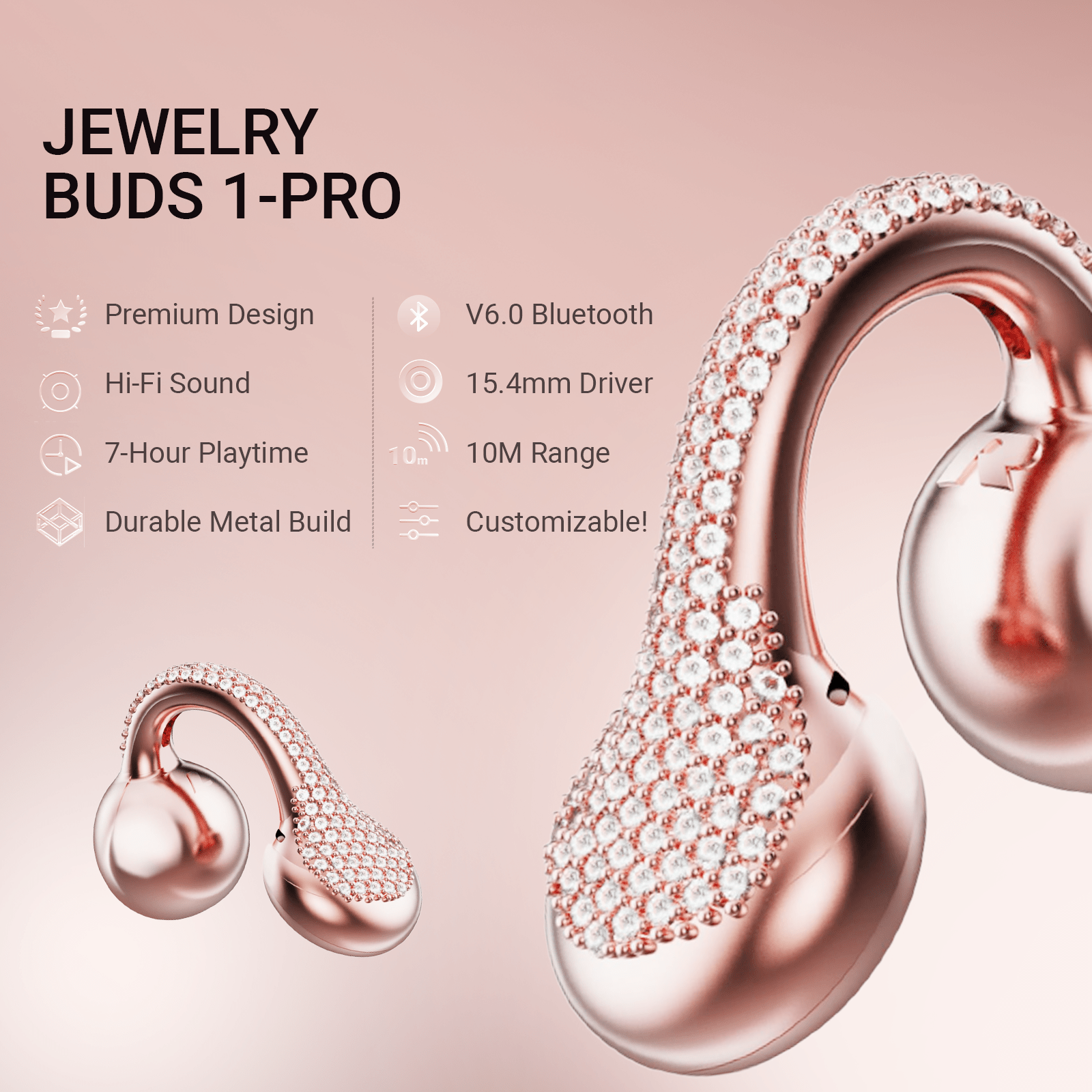 WinBridge Wireless Earbuds, Jewelry - Style Clip on Open Ear Headphones, Bluetooth 6.0, Earring Headphone for Women,Gift, Rose Gold - WinBridge
