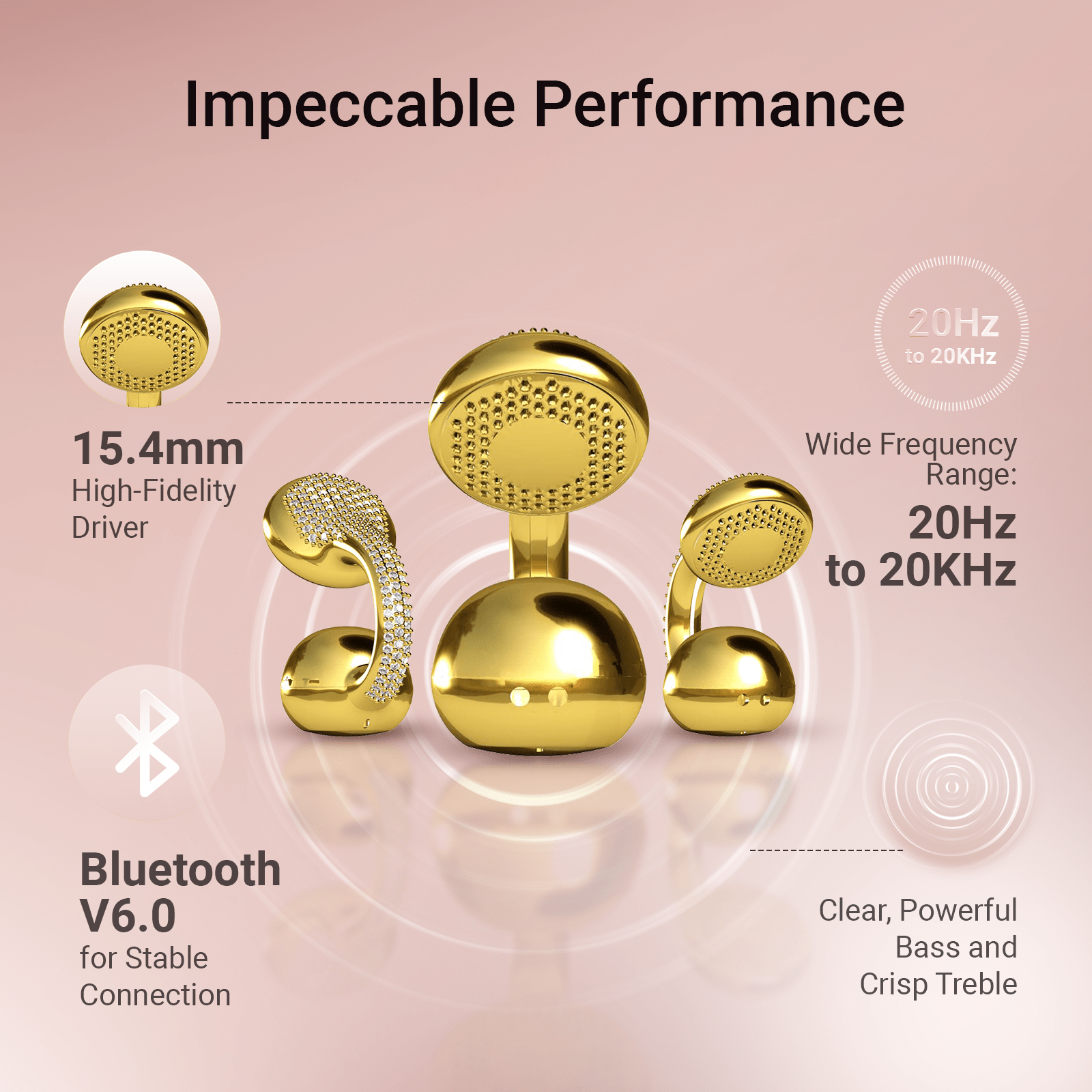 WinBridge Wireless Earbuds, Jewelry - Style Clip on Open Ear Headphones, Bluetooth 6.0, Earring Headphone for Women,Gift, Rose Gold - WinBridge