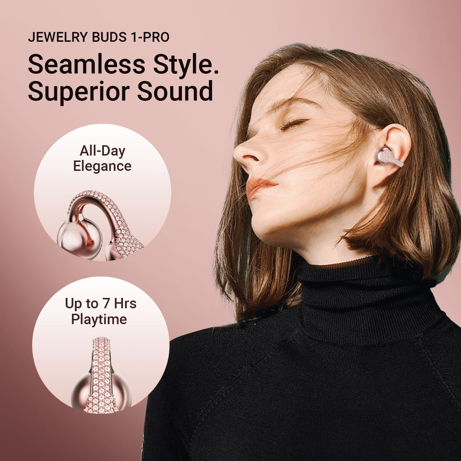 WinBridge Wireless Earbuds, Jewelry - Style Clip on Open Ear Headphones, Bluetooth 6.0, Earring Headphone for Women,Gift, Rose Gold - WinBridge