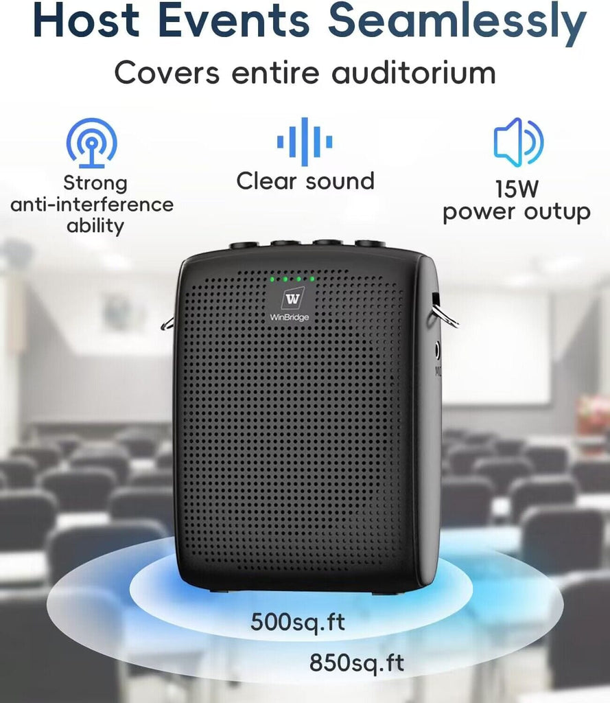WinBridge Wireless Voice Amplifier with Two Bluetooth Headset Microphones, Portable Speaker and Mic for Teachers, Megaphone Portable Microphone Crisp Clear Big Sound 15W|2600mAh WB002 Plus - WinBridge