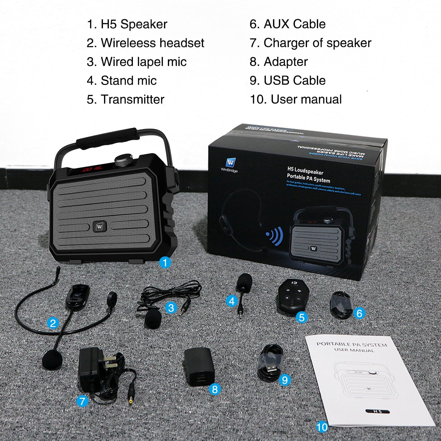 WinBridge H5 Plus Portable PA System With Wireless Headset And Lapel Lavalier Microphone Transmitter