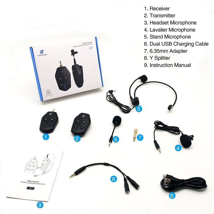 WinBridge U7 UHF Wireless Lavalier Microphone with Lapel Microphone, Headset Mic and Stand Mic