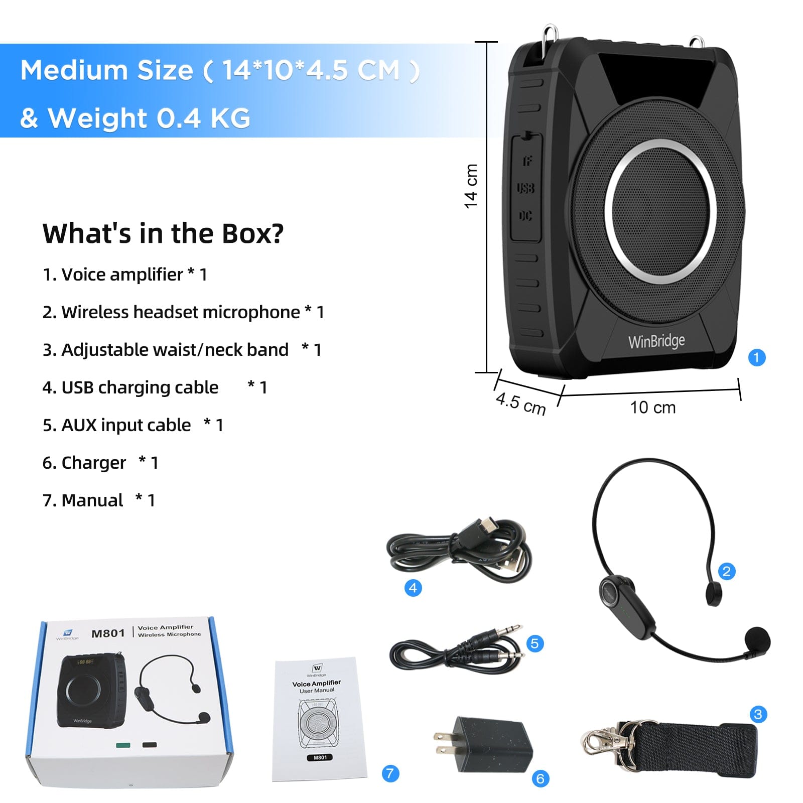 WinBridge M801 20W Voice Amplifier With Wireless Microphone Headset Waterproof with Siren Noise Feature