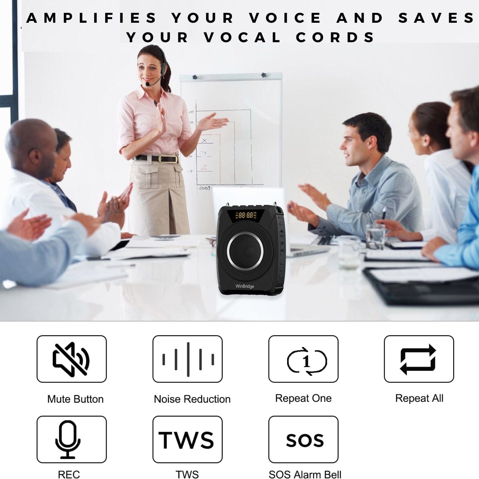 WinBridge M801 20W Voice Amplifier With Wireless Microphone Headset Waterproof with Siren Noise Feature