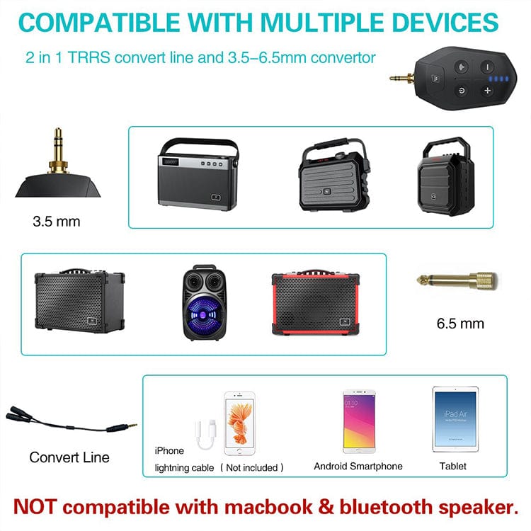 WinBridge U7 UHF Wireless Lavalier Microphone with Lapel Microphone, Headset Mic and Stand Mic - WinBridge